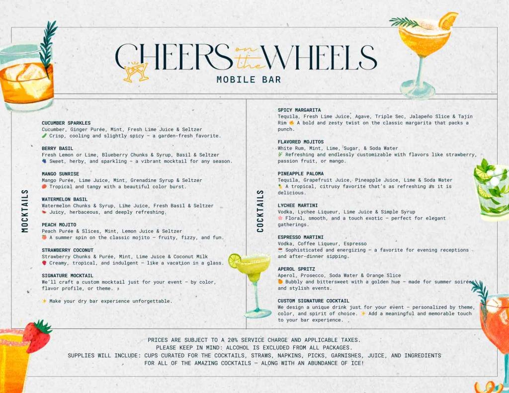 Signature cocktail and mocktail menu from Cheers On The Wheels, featuring refreshing non-alcoholic and alcoholic drink options for events.