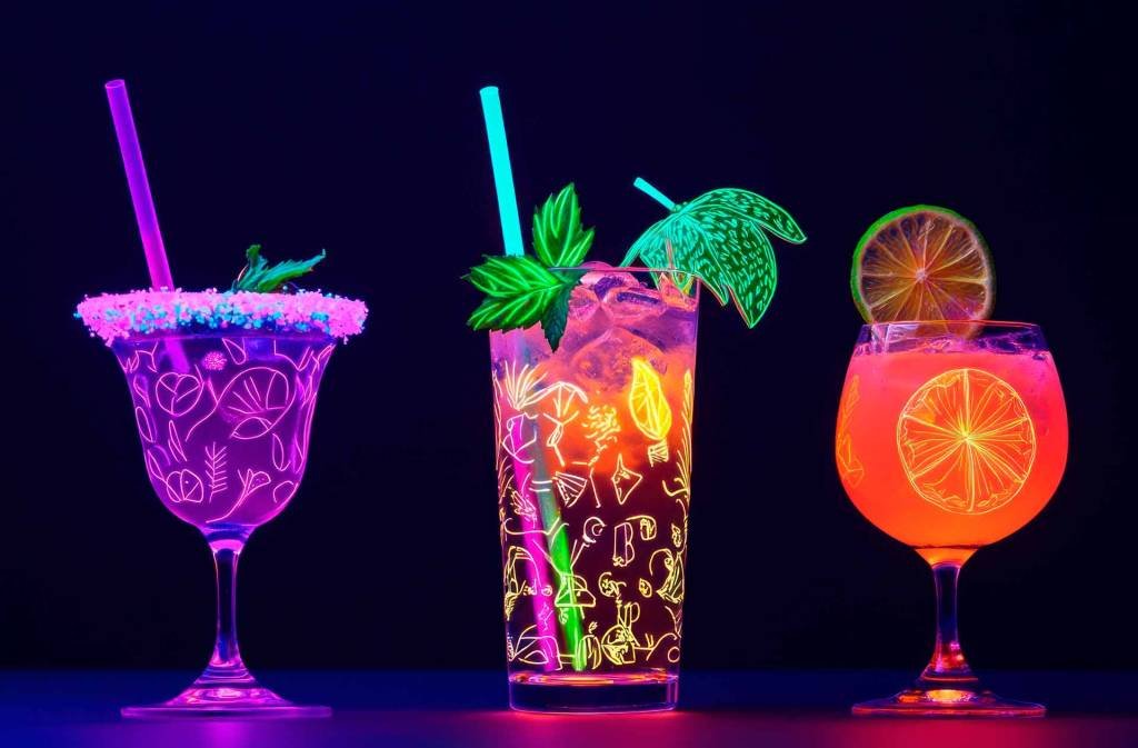 Disco party drink station with neon accents and customized beverages